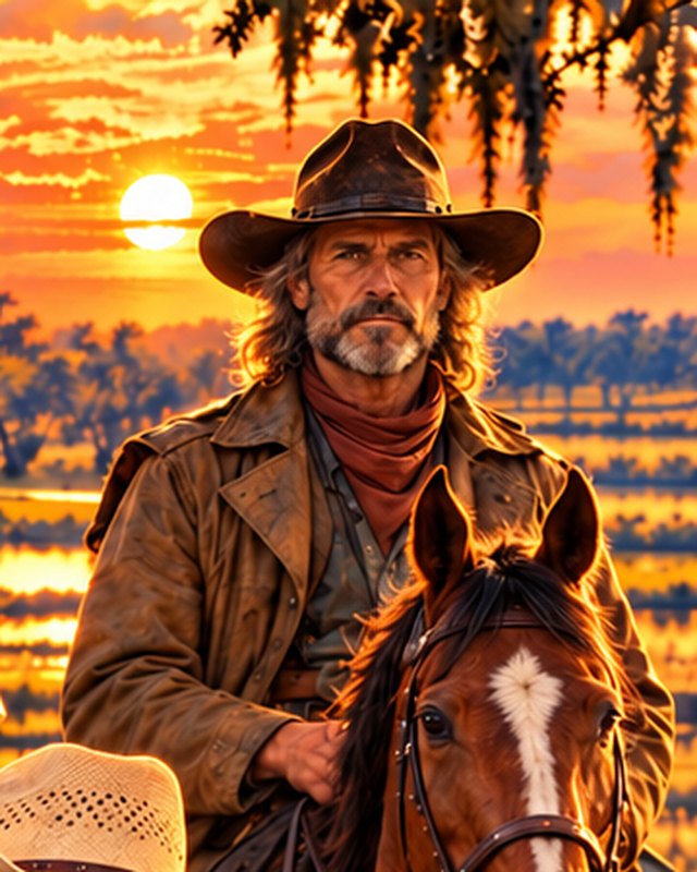 Painted portrait of Boar Hog, a bearded cowboy in an oilskin with his bay horse at sunset.
