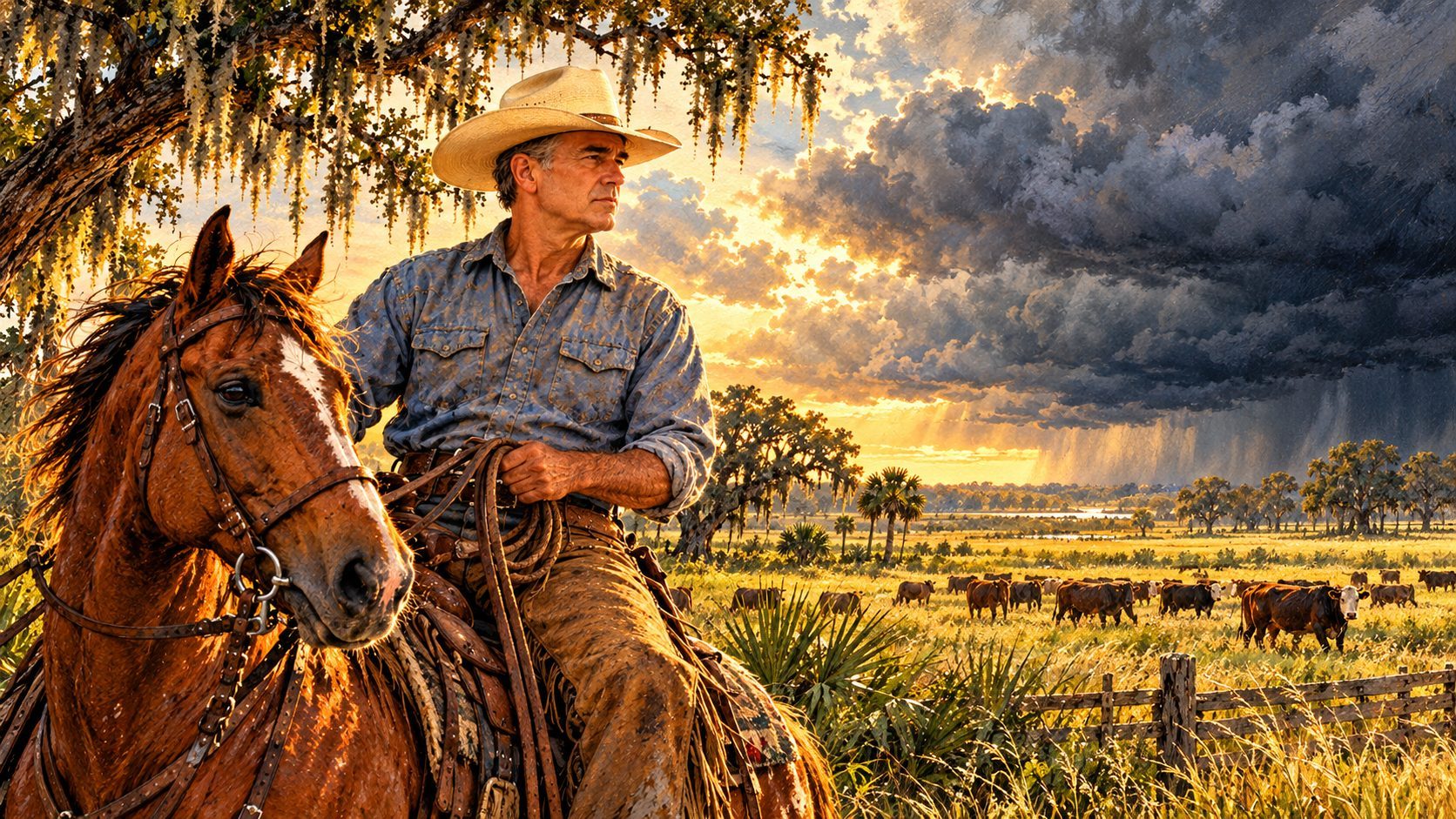 Math Albritton on horseback at the edge of his pasture as a storm builds over the Big J.