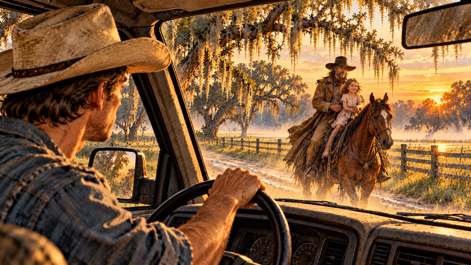 Through a truck windshield, a cowboy rides toward Buck along a mossy ranch road, a little girl in the saddle.